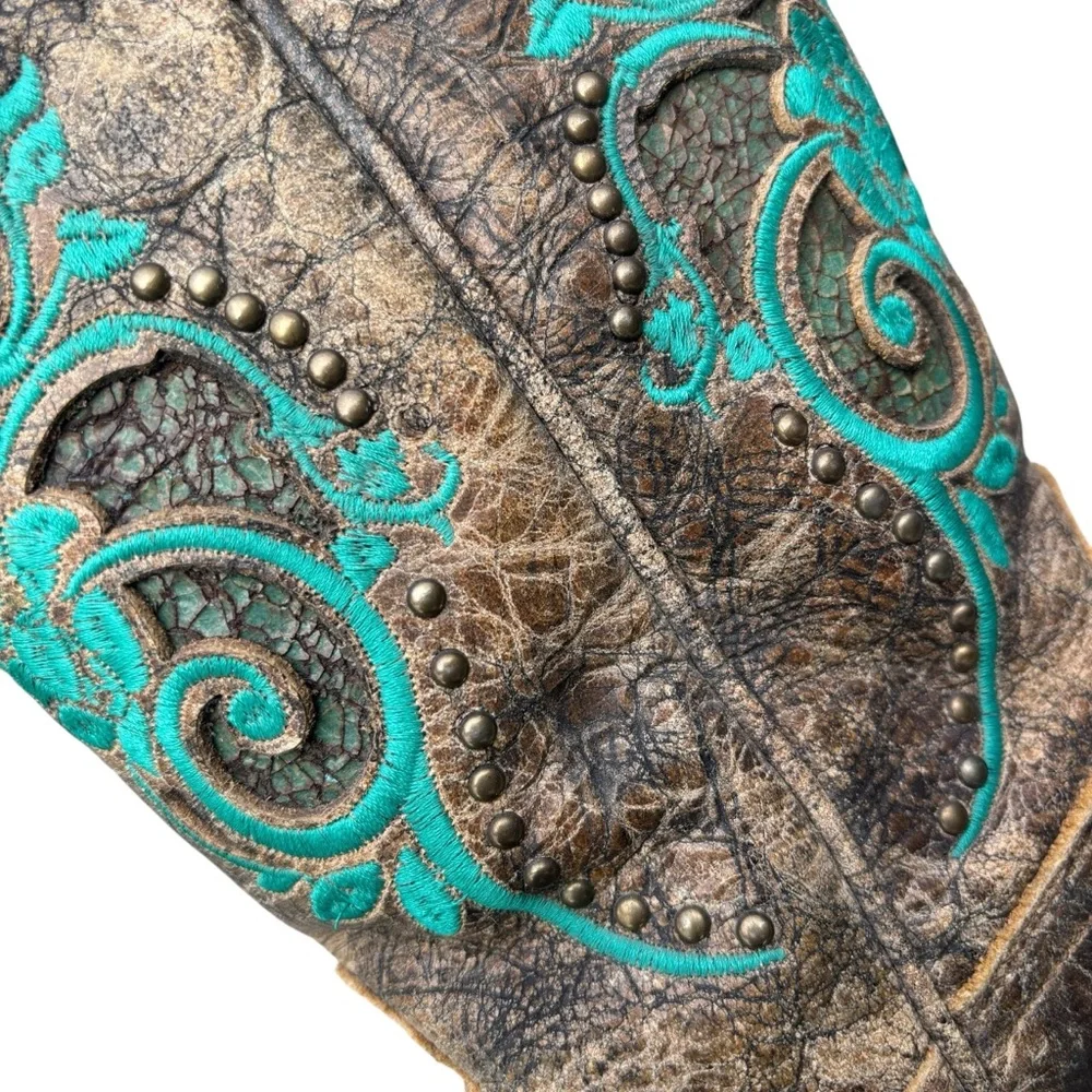 CORRAL Boots Dark Antique Saddle Floral Turquoise Inlay & Studs 6.5 - Picture 12 of 16
